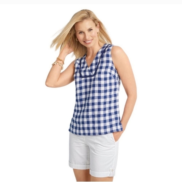 Talbots Gingham Linen Sleeveless Tank Top Medium Petite - Picture 1 of 7